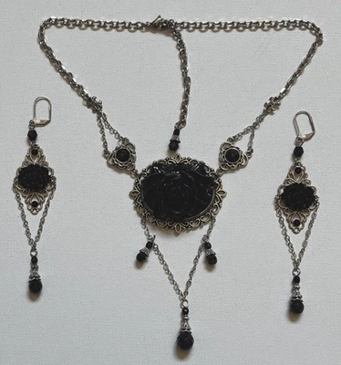 Briar Rose Gothic Black & Silver Tone Staement Necklace Chandelier Earring Lot - Image 1 of 3