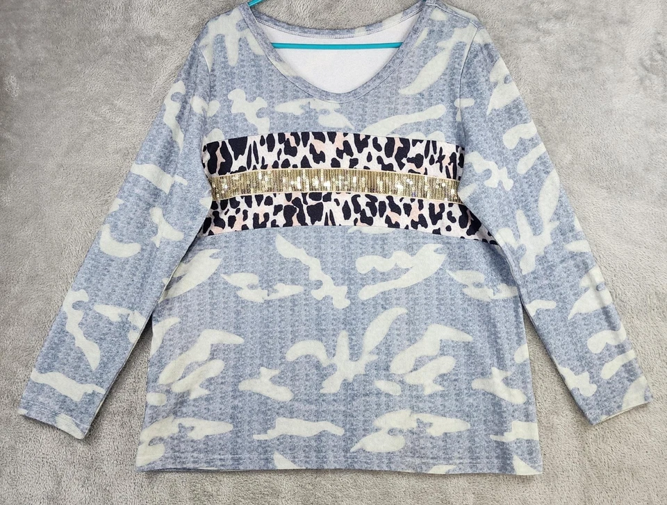 Camisa a Rayas Leopardo Camuflada Lentejuelas Mujer Grande Azul Gris Manga Larga Cuello en V Top Foto 1 de 4