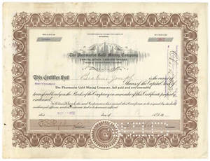 Società Farmacista Gold Mining. Certificato Stock. Wyoming. 1912 - Foto 1 di 1