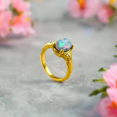 Piedra preciosa de ópalo de fuego crudo natural hecho a mano moda oro declaración anillo regalo para ella Foto 1 de 4