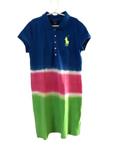 POLO Ralph Lauren BIG Pony Dip Dye Dress Girls L 12-14 Blue Pink Green Pique - Picture 1 of 4