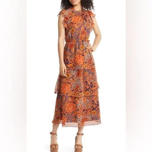 Julia Jordan Midikleid Blumenmuster Stufen Flatterärmel Braun Multi - Bild 1 von 10