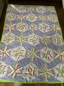 VTG Six Point Star Patchwork Quilt 58x86” Purple Pink & Green Handmade Yarn Tied - Picture 1 of 5