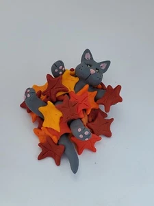 CAT Fall Miniature Figurine GRAY CAT Playing in Leaves HANDMADE Polymer Clay - Picture 1 of 5