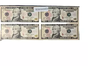 2009 USA $10 UNCUT SHEET OF 4 FEDERAL RESERVE NOTES FRN - Picture 1 of 2