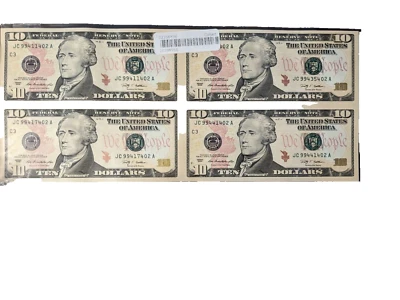 2009 USA $10 UNCUT SHEET OF 4 FEDERAL RESERVE NOTES FRN - Image 1 of 2