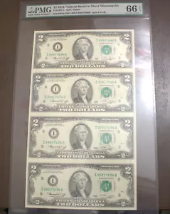 1976 $2 Two Uncut Sheet of 4 Minneapolis Federal Reserve Notes PMG 66 EPQ L 729 - Picture 1 of 2