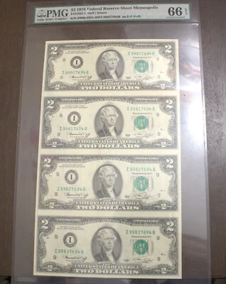 1976 $2 Two Uncut Sheet of 4 Minneapolis Federal Reserve Notes PMG 66 EPQ L 729 - Image 1 of 2