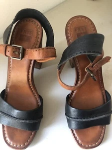 Frye 7 US Leather Black Copper Heel Sandals 3.75” - Picture 1 of 8