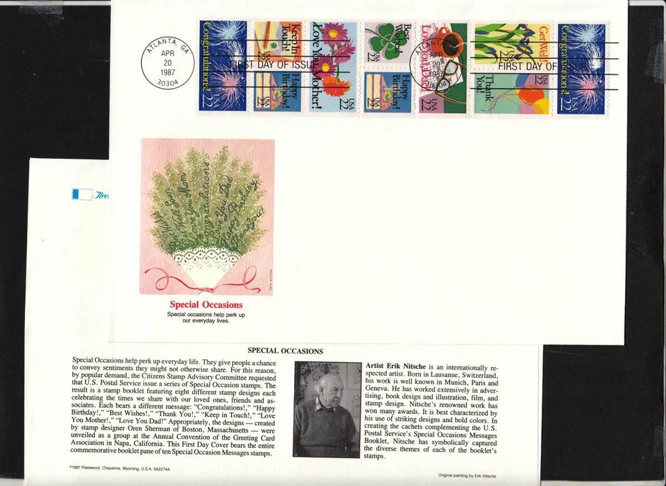1987 Special Occasions Greetings Sc 2274a booklet pane Fleetwood cachet jumbo - Image 1 of 1