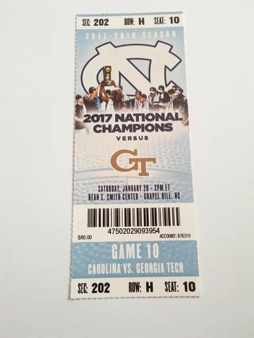 2017-18 North Carolina Tar Heels Georgia Tech Basketball Full Ticket Stub Cover