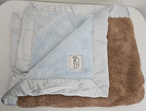 Little Giraffe Baby Blanket Mocha Brown Light Blue Satin Trim - Picture 1 of 5