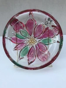Pink & Green Christmas Poinsettia Flower Round Candy Dish / Ash Tray Thick Glass - Picture 1 of 7