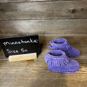 Childerns Little Kids Minnetonka Moccasins Purple Suede Leather Booties Size 1 C