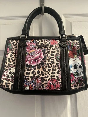 Ed Hardy Cheetah Skull and Roses Tattoo Design Satchel Crossbody Bag. - Image 1 of 4