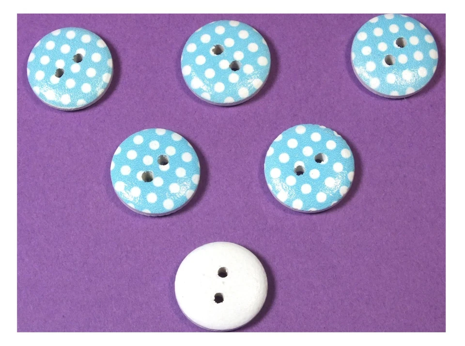 LOT 6 BOUTONS BOIS : rond bleu/blanc motif  pois 15mm (25) - Photo 1/1
