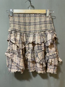 NWOT Free Pople Women Smocked Raw Edge Layered Tiered Mini Skirt SZ XS Tan Plaid - Picture 1 of 10
