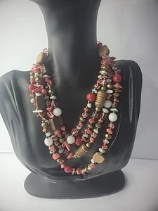 Vintage Necklace Flapper Long Beaded Glass Wood Pink Red White Jewelry Costume - Picture 1 of 17