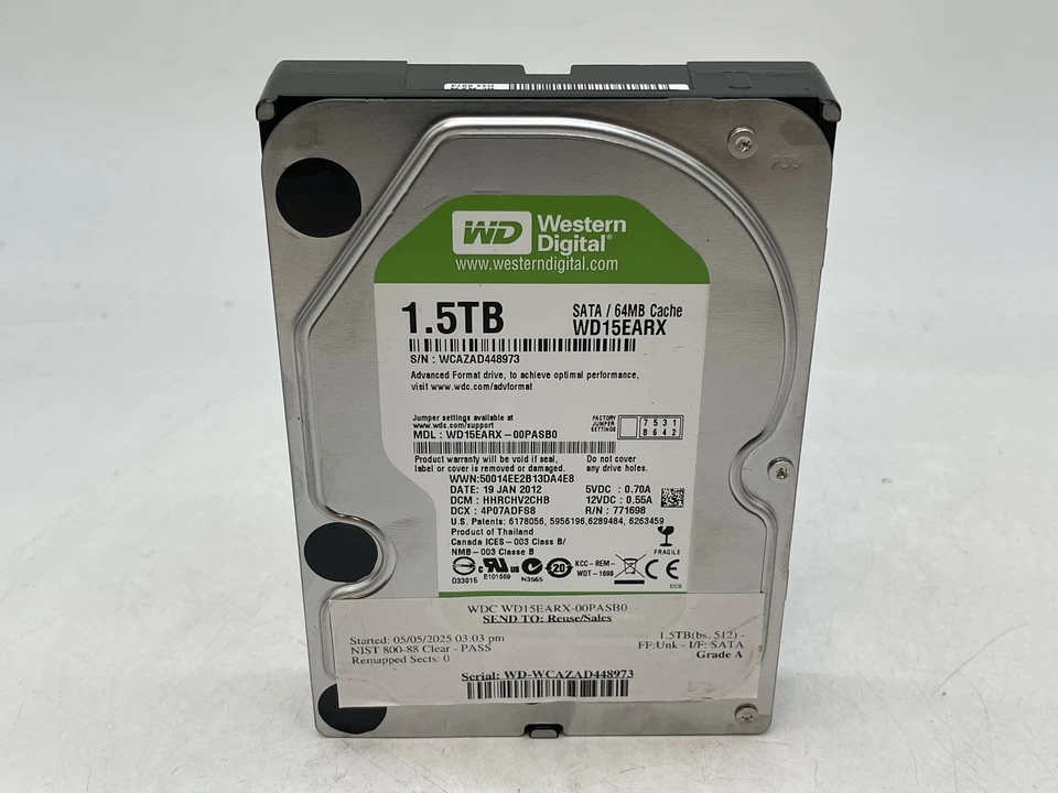 Western Digital Green WD15EARX 1.5TB SATA Internal Hard Drive GRADE A FREE S/H - Image 1 of 4