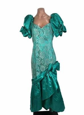 Vintage 80s Teal Lace Shiny Puffy Sleeve Cocktail Prom Party Dress Formal 10 BOW - Image 1 of 4
