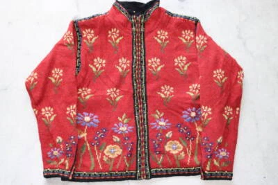 VTG Icelandic Design Sweater Wool Floral Full Zip Cardigan Lined Petite S PS - Image 1 of 2