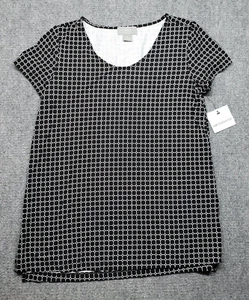 Liz Claiborne Studio Top Blouse Womens S Black Geo Round Neck Short Sleeve New - Picture 1 of 8
