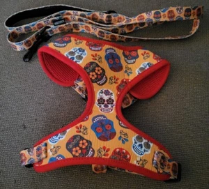 Day of The Dead Colorful Skull Bright Dog Harness & Leash Set Size Medium - Picture 1 of 13