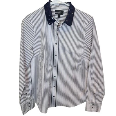 J. Crew Womens 8 Blue White Striped Sequins Collar Button Up Perfect Shirt - Image 1 of 4