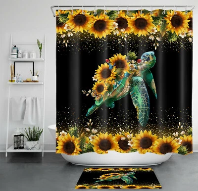 Funny Sea Turtle Shower Curtain Sunflower Vintage Floral For Bathroom Decor - Image 1 of 4