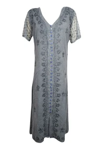 Vintage Retro 70s Shift MAXIDress Gray Embroidered Button Down Gypsy Sundress L