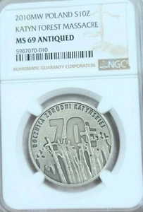 2010 POLAND SILVER 10 ZLOTYCH KATYN FOREST MASSACRE NGC MS 69 ANTIQUED - Picture 1 of 4