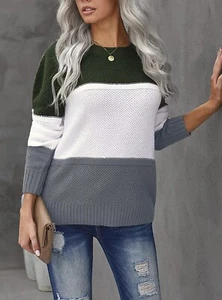 Lässiger langärmliger Damenpullover grün/grau/weiß Farbblock – Small - Bild 1 von 3