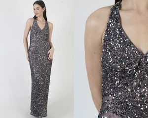 Vtg Grey Beaded Dress 2000s Long Prom Gown Sexy Open Back Y2K Encrusted Backless - Picture 1 of 7