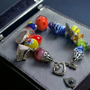 Charm Bracelet Vibrant Mixed Glass Bead Bracelet Silver Tone Smaller Wrist (F101 - Picture 1 of 9