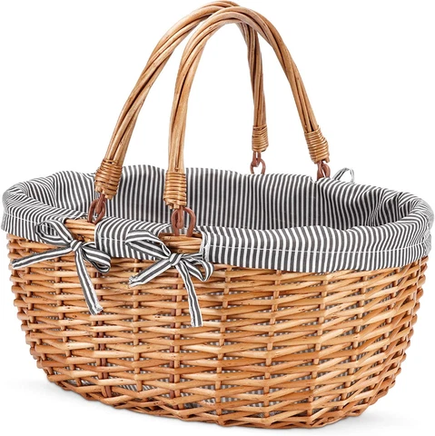 Oval Picnic Basket with Folding Handles, Willow Hand Woven Shopping Basket Cover