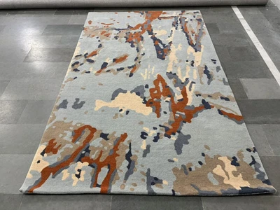 Hand-Tufted Abstract Wool Rug: Blue & Orange New Zealand Wool - Image 1 of 4