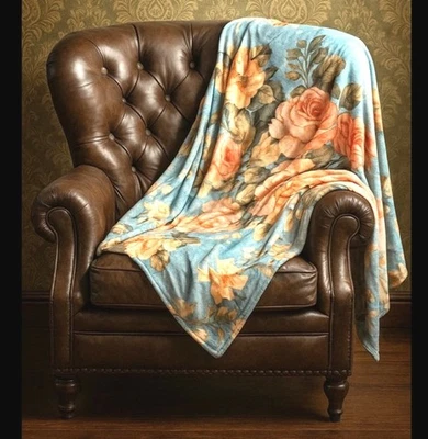 Victorian Trading Pink & Ivory Roses Minky Fleece Throw Blanket 60x80 Blue 26A - Image 1 of 4