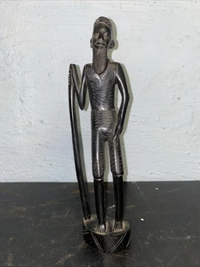 Kenyan / Ivory Coast Ebony Wood Hand Cared Statue Man With Beard And Staff - Picture 1 of 15