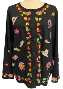Michael Simon Light Thanksgiving/Fall/turkey Print Cardigan Sweater Black Sz L - Picture 1 of 2