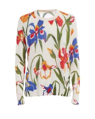 NUEVO CON ETIQUETAS NUEVO Suéter Ligero Tory Burch Kaelyn Flor Iris Medio Crema Seda Espalda Foto 1 de 4