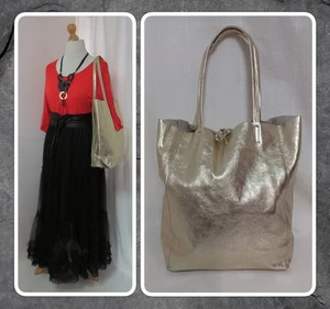 BNWT, GENUINE ITALIAN LEATHER, LARGE, GOLD-COLOURED, TOTE/ SHOULDER BAG - Picture 1 of 11