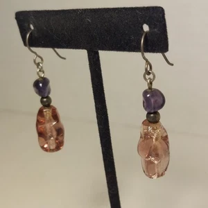 VTG Translucent Purple Foil Art Glass Silver Tone Pierced Dangle Earrings 1.25” - Picture 1 of 6