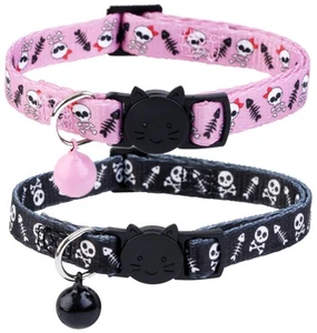 Skull Cat Collar Breakaway with Bell,Pack of 2 Safe Halloween Puppy Collars - Picture 1 of 7