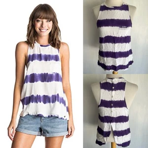 ROXY (2021) Purple White Striped Sleeveless Back Button Tank Top T-Shirt Medium - Picture 1 of 7