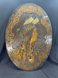 Beautiful Antique Pyrography Art Of Native American Indian Girl W/feathers - Picture 1 of 7