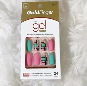 Kiss Goldfinger Gel Glam Nails Pink Green Squares Long - Picture 1 of 3