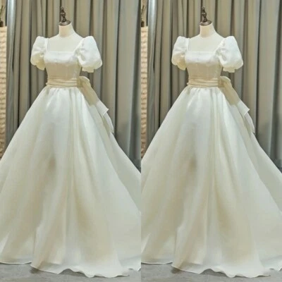 Princess Wedding Dresses Square Neck Short Sleeves A Line Train Bridal Gowns - Image 1 of 4