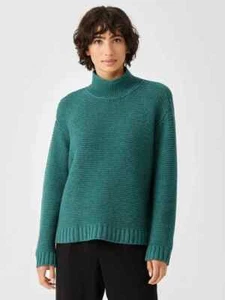 Eileen Fisher S Teal Green Funnel Neck CASHMERE WOOL Knit Boxy Pullover Sweater - Picture 1 of 7