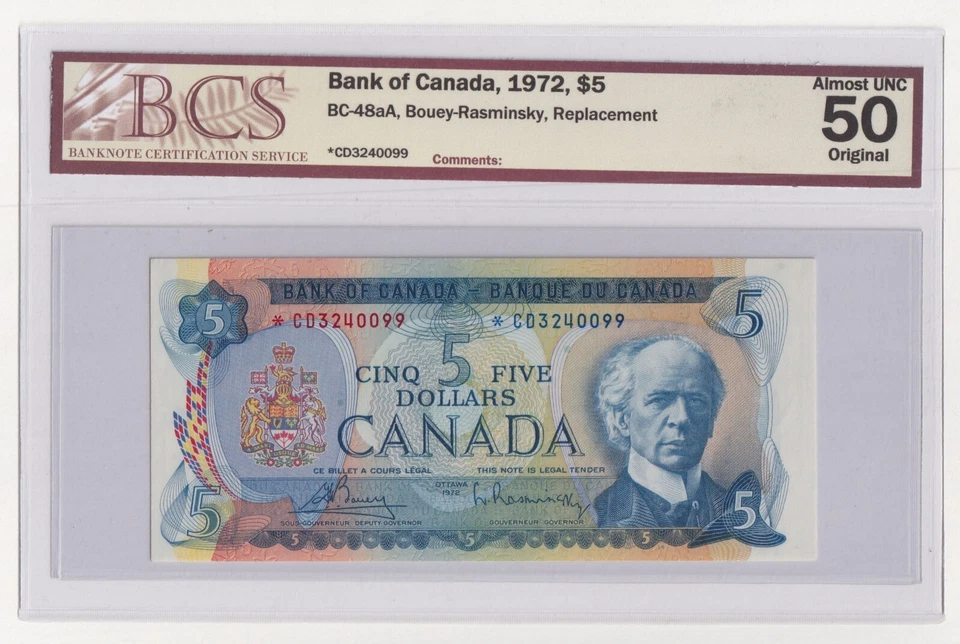 Canada $5 1972 BC-48aA   BCS Certified Almost UNC 50 REPLACEMENT *CD3240099 - Image 1 of 3