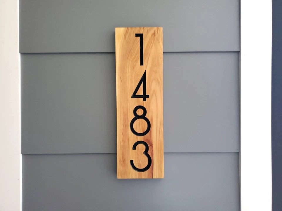 Custom House Number Sign Address Plaque Modern Carved Wood 5x16 7x22 10x32 - Image 1 of 4